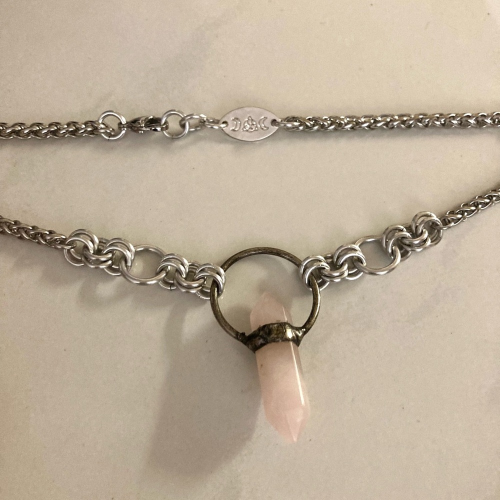 Handmade pink quartz stone maille stainless steel necklace choker boho goth - Picture 7 of 15